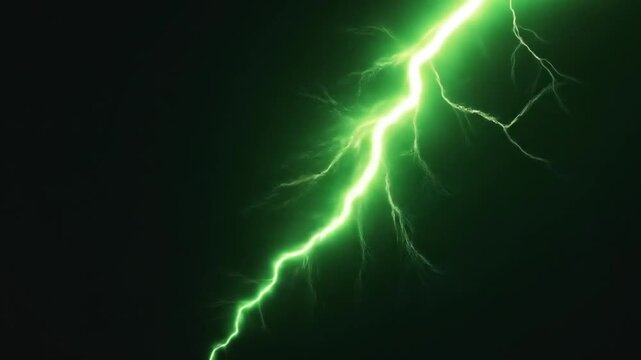 A bright green lightning bolt streaks across a dark green background. 4k video
