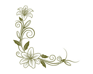 Floral Corner Ornament with Lilies and Swirls in Green, Botanical Decoration, Elegant Design Vector Illustration