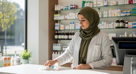Pharmacist Cleaning Counter in Pharmacy