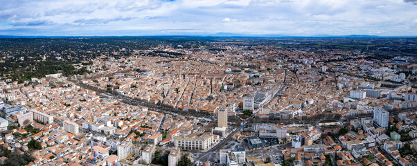 Aerial panorama view of the city Nîmes in France on a sunny autumn day	