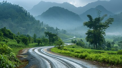 Fototapeta premium Serpentine road winds through lush, green, misty mountain landscape under a cloudy sky
