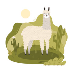 Cute llama on a green lawn. White alpaca among cacti. Cheerful cartoon template for use in children's design, textiles, books, packaging.