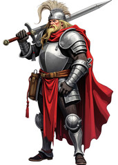 Obraz premium Noble Paladin Knight in Silver Armor with Red Cape and Sword – Chivalrous Fantasy Warrior Standing Heroically, Medieval Defender Character for RPG Game Art and Heroic Illustration Concept