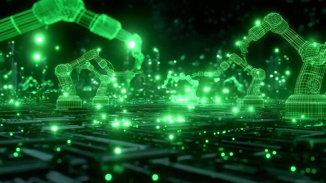 A futuristic holographic representation of a robotic factory in action.