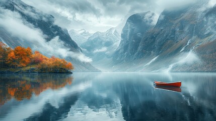 Serene lake framed by mountains under a cloudy sky. A red boat floats on reflective water