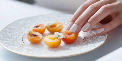 Delicate hand with manicured nails reaches for halved apricot elegant white plate adorned with subtle gold pattern. apricots are garnished with small white flowers, creating serene