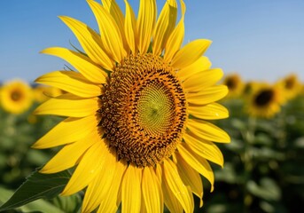 Obraz premium Sunflower yellow petal green leaf blue sky summer field nature vibrant outdoor closeup bright cheerful sunlight agriculture