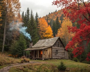Old house in autumn forest surrounded by trees and rustic nature