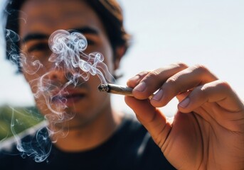 Man holding smoking joint, blurred face, outdoor, relaxed mood, close up, selective focus, natural light