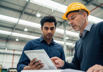 Two men, engineer and manager, discussing project on digital tablet in modern warehouse, teamwork, planning