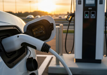 Electric car charging station plug cable vehicle outdoor sunset eco friendly modern technology clean energy