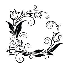 Fototapeta premium Floral Ornament Frame with Tulip Flowers, Black and White Swirls, Corner Decoration Vector Illustration