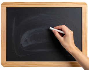  Hand Holding Chalk Mid-Writing on Blackboard, Side Angle, Isolated PNG