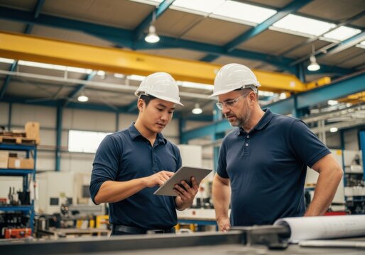 Two engineers wearing white safety helmets and navy shirts discuss project using digital tablet in modern factory
