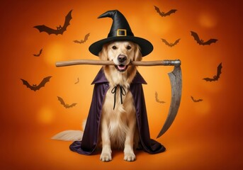 Golden retriever witch hat cloak scythe orange background bats Halloween costume playful