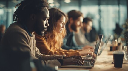 Fototapeta premium Diverse Office Team Collaborating in Warm Vintage Glow