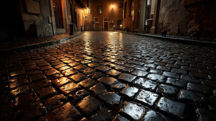 Historic European Alley with Wet Cobblestones at Night