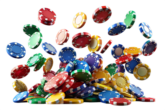 Colorful casino chips falling through air isolated on a transparent background gambling