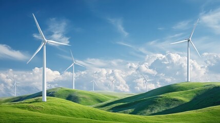 Wind Turbines on Green Hills – Clean Energy Landscape under Blue Sky