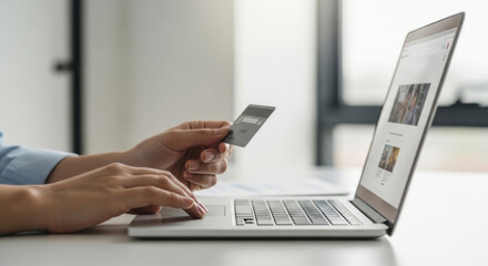 Person holding credit card, typing on laptop, online shopping, payment, modern workspace, bright, technology