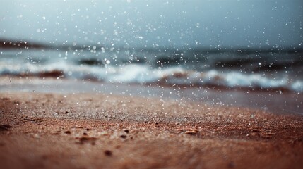 Soft Rain Over Misty Beach Waves