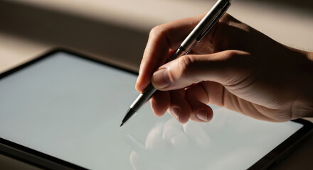 Hand holding stylus pen over digital tablet screen, technology and creativity concept, close up view