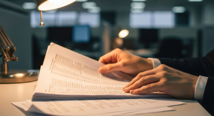 Businessperson document office paperwork hand desk lamp working analyzing professional reviewing financial report data