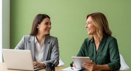 Two women business meeting office laptop tablet smiling teamwork professional green wall collaboration discussion