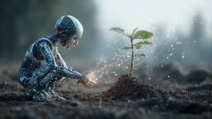 Robot Nurturing Plant – Futuristic Nature and Technology Harmony Concept