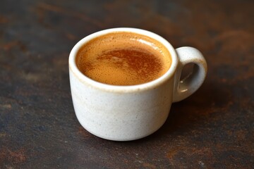 A small, light gray coffee cup filled with espresso.