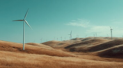 Wind Turbines on Green Hills – Clean Energy Landscape under Blue Sky