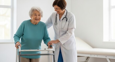 Elderly woman doctor walker healthcare support smiling rehabilitation clinic medical senior care physical therapy nurse