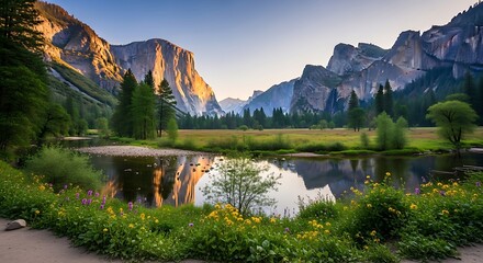 Photo of yosemite valley with el capitan at sunset