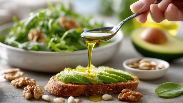 Chef is pouring olive oil from a spoon onto a slice of avocado toast, a by healthy ingredients like almonds, walnuts, and surrounded bowl of greens