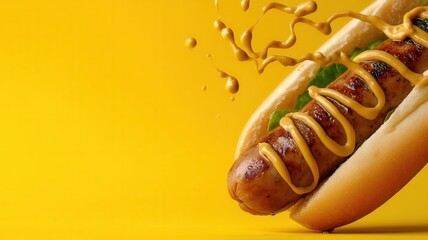 Hot dog with dynamic is diving into a splash of mustard on a vibrant yellow background, creating a and mustard appetizing visual