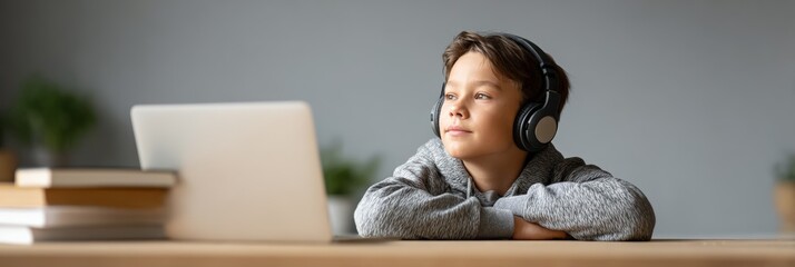 Schoolboy wearing headphones is attending online lesson using laptop and looking away while sitting at desk at home with books nearby, enjoying remote learning and homeschooling