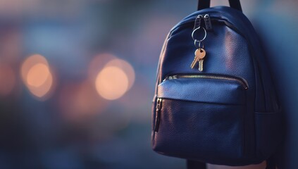 A dark-blue leather backpack hangs, keys attached; soft-focus background
