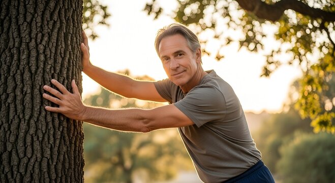 Middle-aged man stretching by tree in park during sunset  