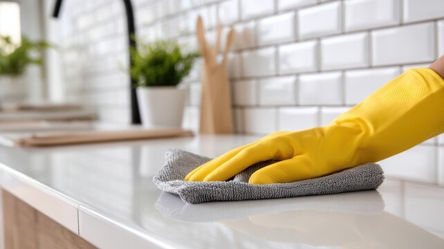 Wearing yellow protective gloves, surface wiping white countertop with clean cloth, sanitizing kitchen worker methodically