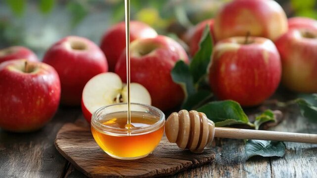 Fresh apples with honey drizzled on top, emphasizing the natural sweetness and health benefits of these fruits.
