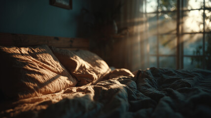 Minimalistic bedroom bathed in soft morning sunlight creates a serene atmosphere