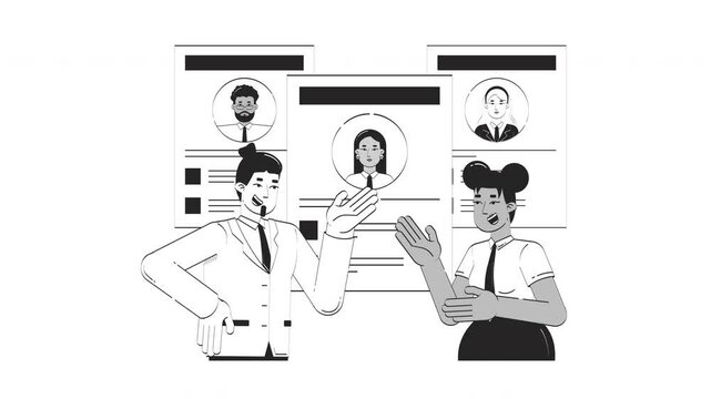 HR managers discussing resumes doodle outline animation. Corporate careers. Hiring conversation with CVs candidate profiles animated sketch 2D concept isolated on white. 4K video motion graphic