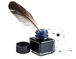 Artistic Feather Pen Dipped in Ink with Splatter Marks, Angled Perspective, Isolated PNG