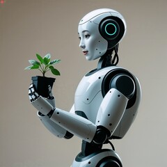 Humanoid Robot Holding a Small Potted Plant, Future of Agriculture, Artificial Intelligence, Modern Farming