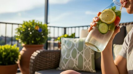 Hydrating infused water with fruit and vegetables in natural sunlight - Powered by Adobe