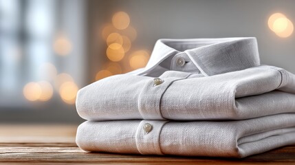 Two neatly folded white dress shirts stacked on a wooden surface with blurred warm lights in the background.