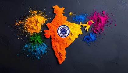 Colorful Nation Map With Celebration Powder On Dark Background, India Map States