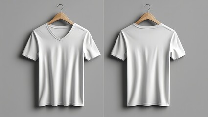 Two white t shirts hanging on wooden hangers against a gray wall