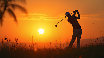 silhouette of golfer against sunset. golfer swinging at sunset. beautiful sunset golf scene. ultra realistic golf photography.