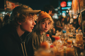 Teenage friends savoring delicious street food at a lively night market